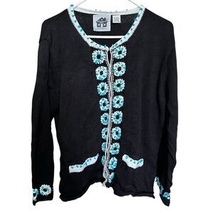 Vintage Storybook Knits Sweater Womens Large Crochet Flower Turquoise‎ Treasures